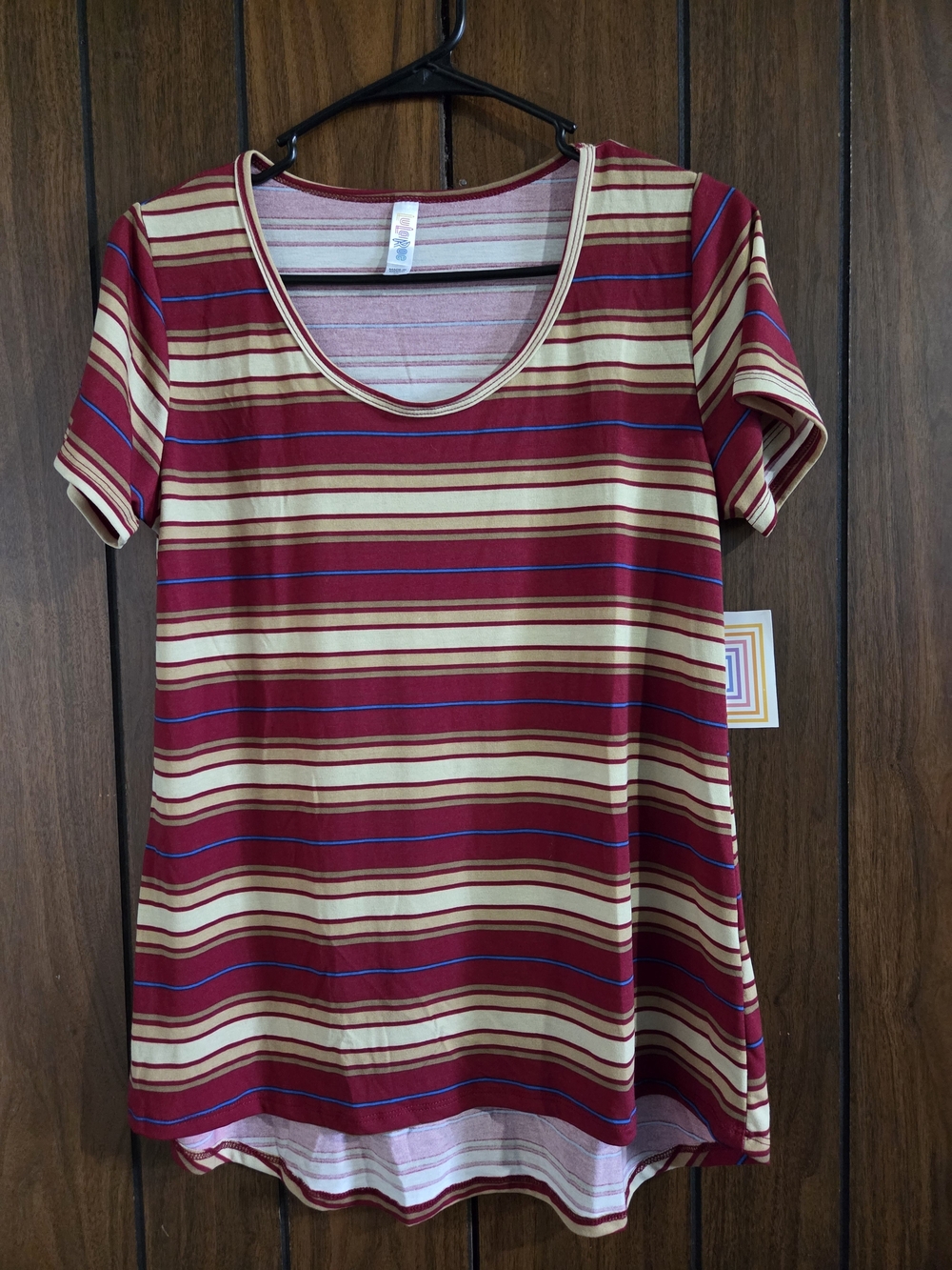 LuLaRoe Scoop Neck Short Sleeve Stripe Tee in Burgundy, Cream and Blue